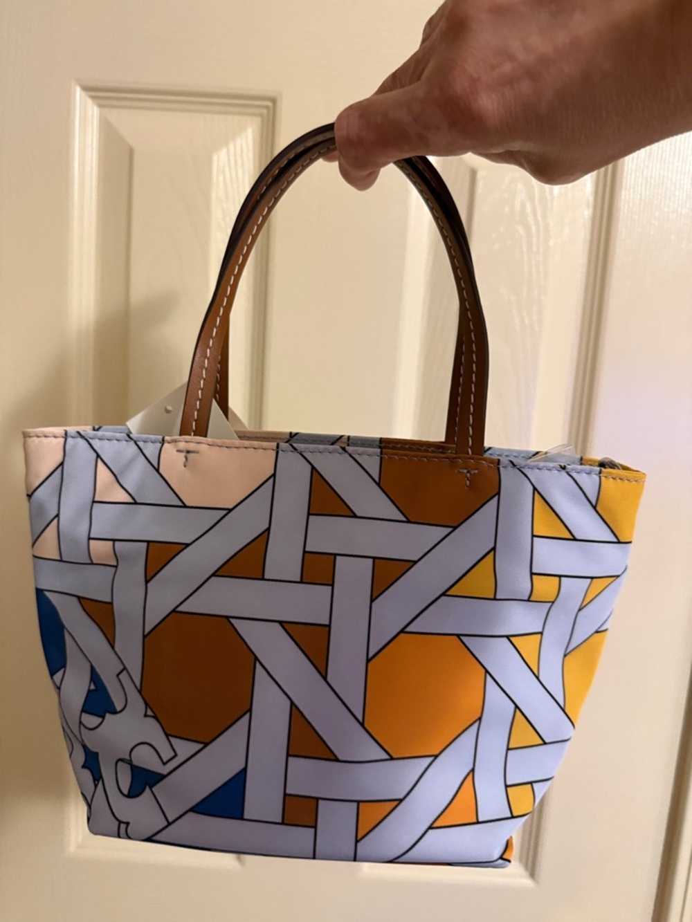 Tory Burch Nylon Printed Mini Tote Blue Basketweave Colorblock - Picture 4 of 11